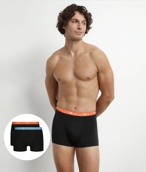 DIM Set van 2 zwarte boxershorts voor heren met blauwe en oranje tailleband DIM Cotton Stretch