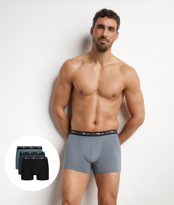 DIM Lot de 3 boxers homme Noir Gris ceinture contrastée Dim Coton Stretch