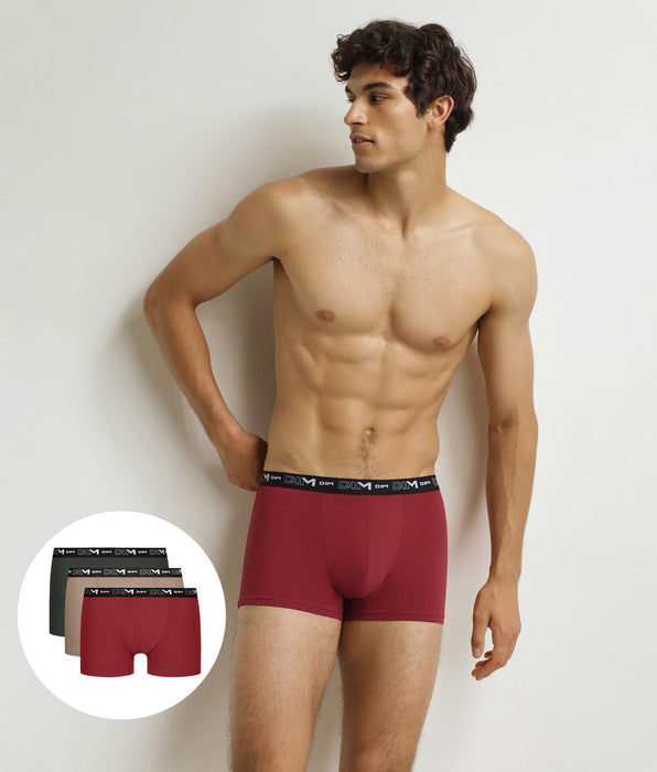 DIM Lot de 3 boxers homme Vert Beige Rouge Coton Stretch