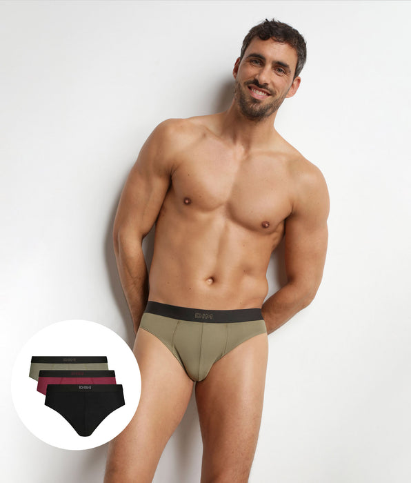 DIM Lot de 3 slips homme en coton Noir Kaki Rouge Ultra doux