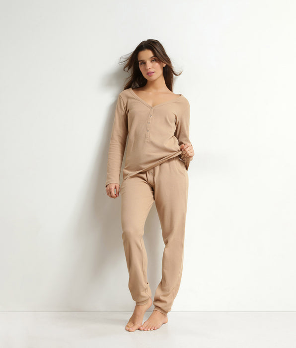 DIM Ensemble pyjama femme col V en jersey Marron Dim Cosy Time